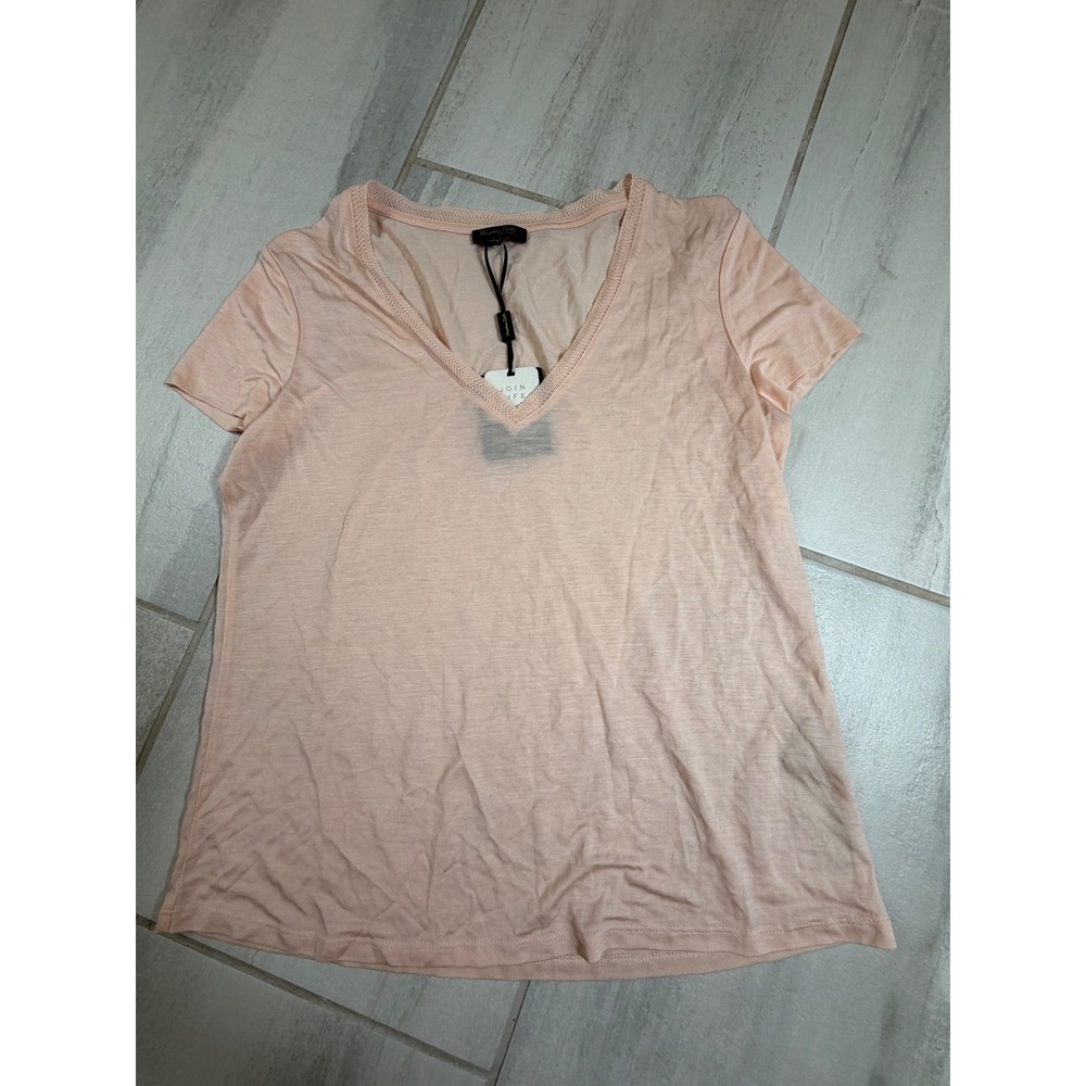 Massimo Dutti Peach Pink Lyocell V-Neck Crochet Trim Tee Shirt 6851/783/657 S